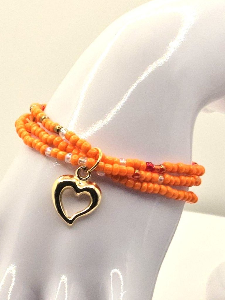 Orange Beaded Bracelet With Gold Heart Charm - Handmade Jewelry For Women